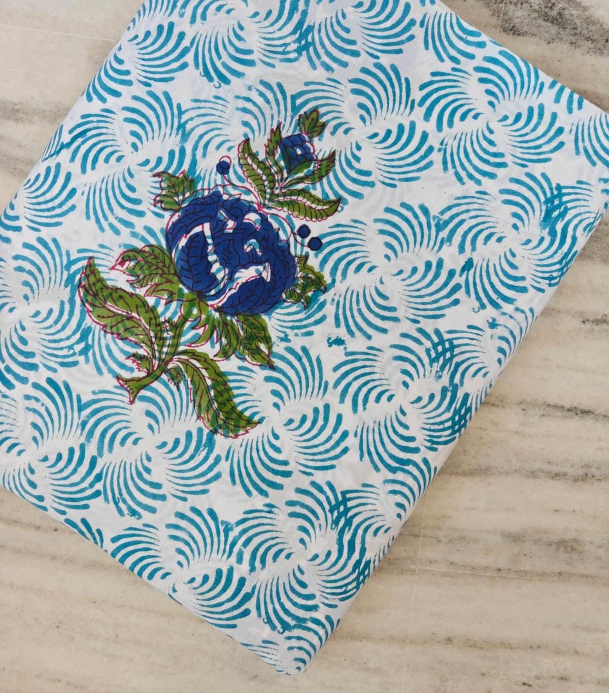Hand Block Print Cotton Fabric, Blue Floral Indian Cotton, Turquoise Swirl Pattern Fabric, Soft Cotton Fabric by Yard Quilting Sewing Fabric