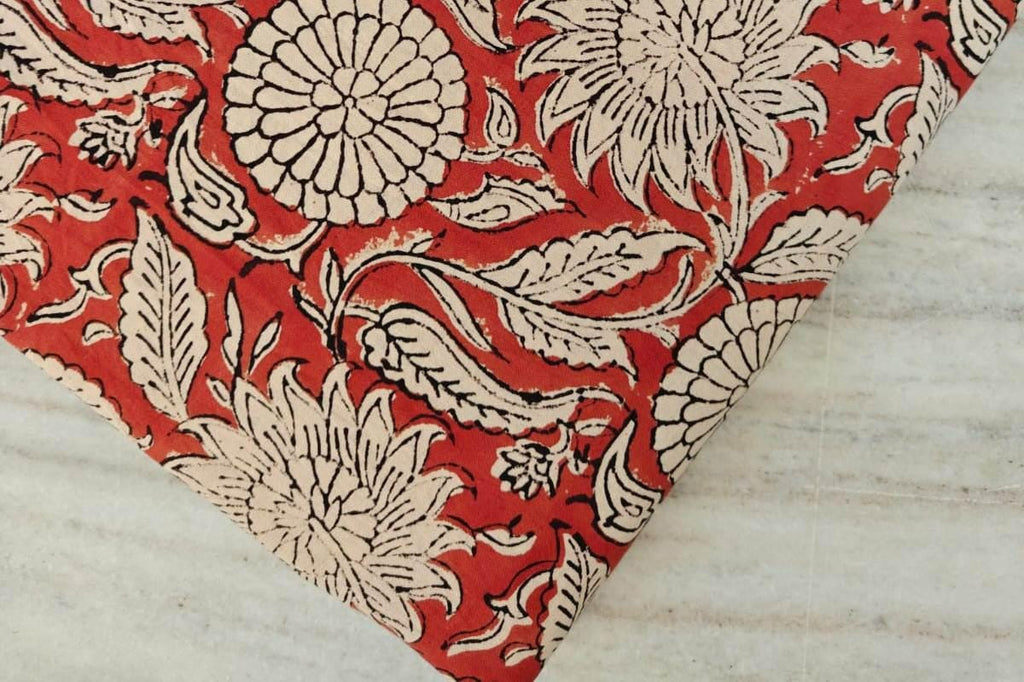 Red Floral Hand Block Print Cotton Fabric by the Yard, Red Cotton Fabric for Curtains, Cushions, Table Linen, Sewing, Quilting, Dressmaking