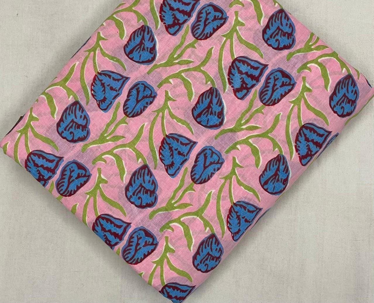 Pink Floral Hand Block Print Cotton Fabric, Blue Leaf Botanical Indian Fabric, Soft Cotton Yardage for Dressmaking, Quilting & Home Decor