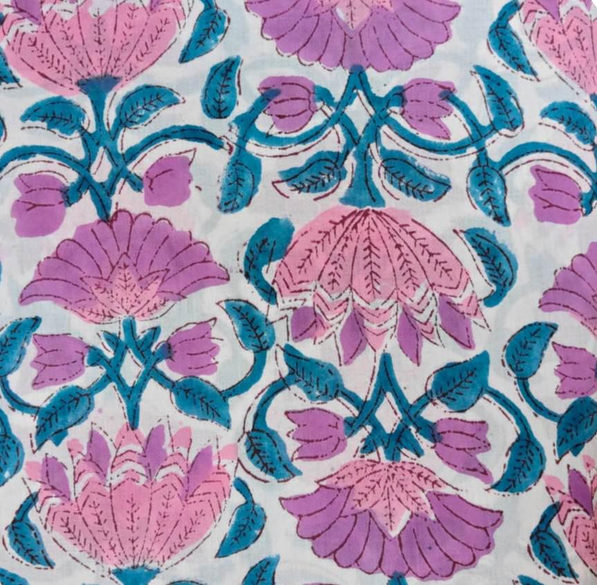 Pink Blue Floral Cotton Fabric, Indian Block Print Fabric, Botanical Cotton Fabric by Yard, Hand Printed Fabric, Quilting Dressmaking Fabric
