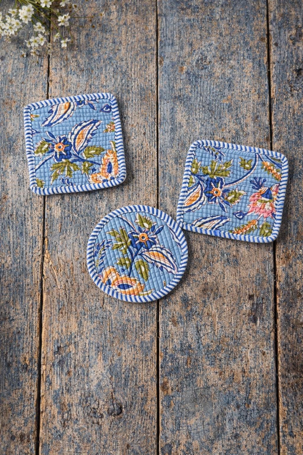 Floral Cotton Tea Coaster Set, Hand Block Print Blue Coasters, Quilted Fabric Drink Coasters, Reusable Table Decor, Housewarming Gift