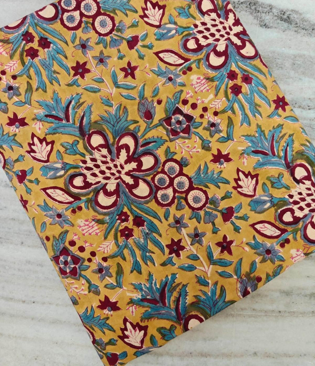Mustard Floral Cotton Fabric by the Yard, Indian Block Print Fabric, Teal and Maroon Flower Print, Boho Craft Sewing, Loose Running Fabric