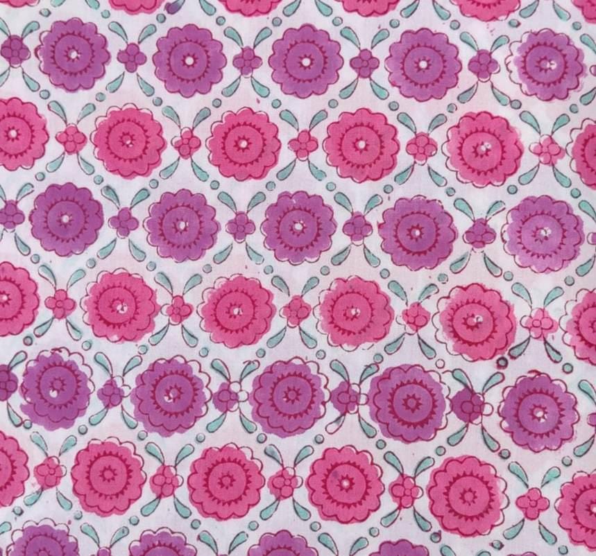 Pink Floral Cotton Fabric, Red Orange Hand Block Print by the Yard, Indian Soft Cotton for Quilting, Dressmaking, Sewing & Crafts, Gifts