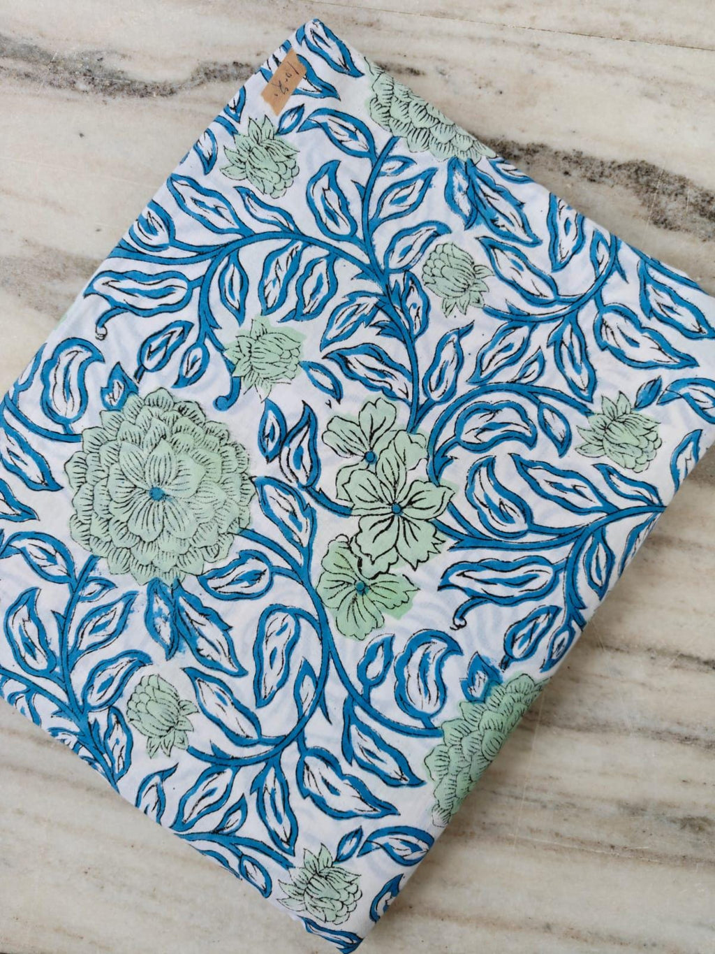 White Cotton Fabric with Blue & Green Floral Print, Hand Block Print Fabric by the Yard, Indian Cotton For Dressmaking, Loose Running Fabric
