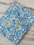 White Cotton Fabric with Blue & Green Floral Print, Hand Block Print Fabric by the Yard, Indian Cotton For Dressmaking, Loose Running Fabric