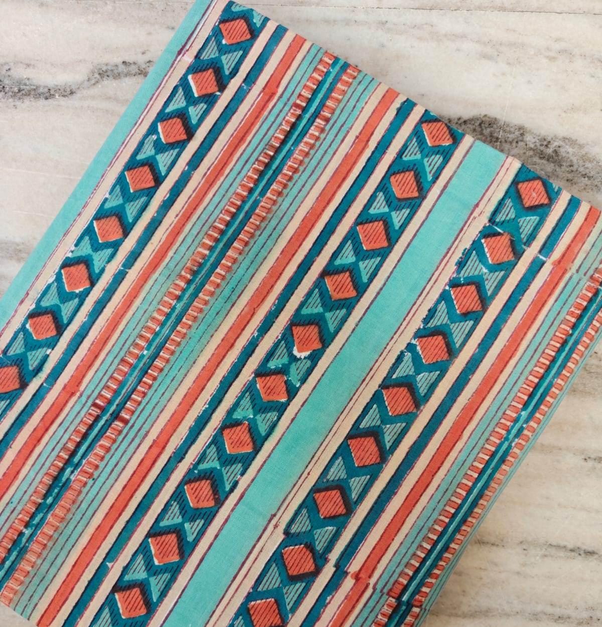 Turquoise Coral Geometric Cotton Fabric, Indian Hand Block Print Cotton Fabric, Southwestern Diamond Stripe Print for Sewing & Quilting