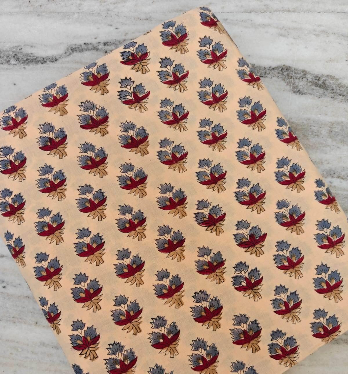 Beige Floral Cotton Fabric by Yard, Small Red Blue Buti Print, Indian Block Print Cotton, Quilting Sewing Craft Dress Fabric, Loose Running