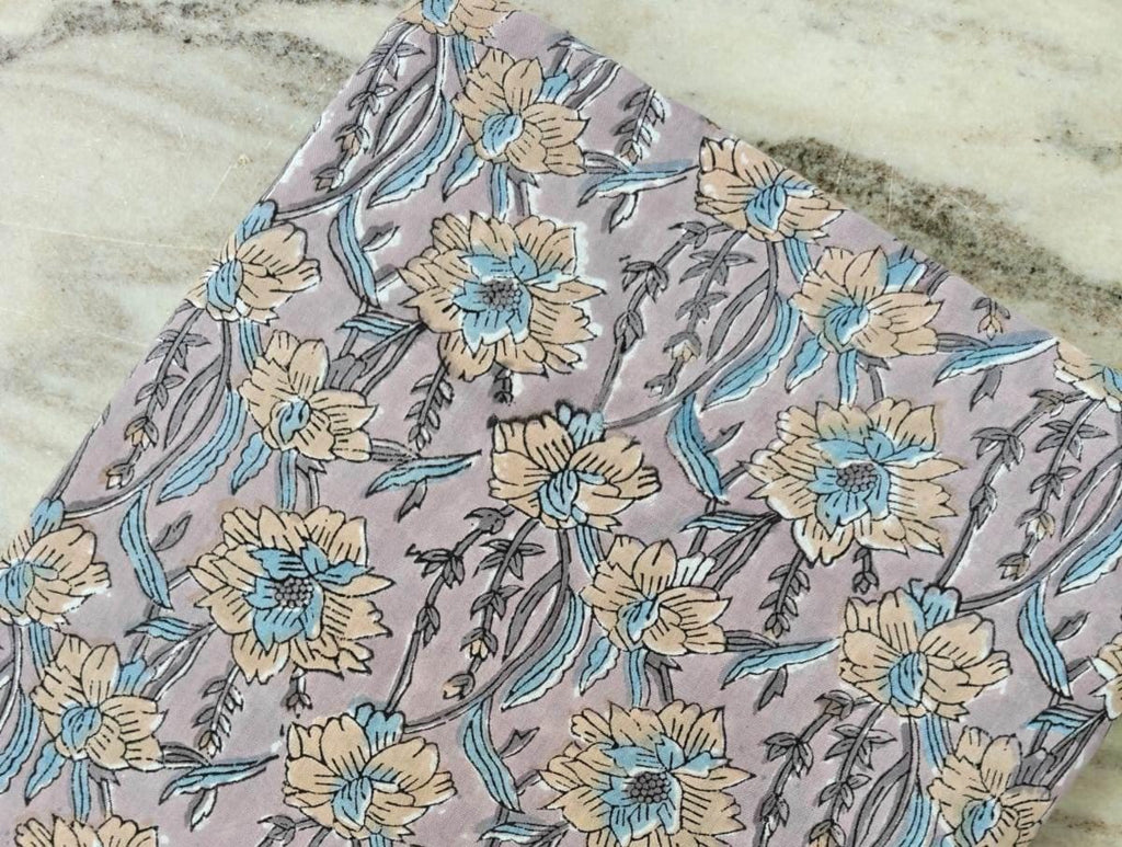 Purple Floral Cotton Fabric, Hand Block Print Fabric by the Yard, Indian Soft Cotton Yellow Blue Flowers for Quilting, Sewing, Dressmaking