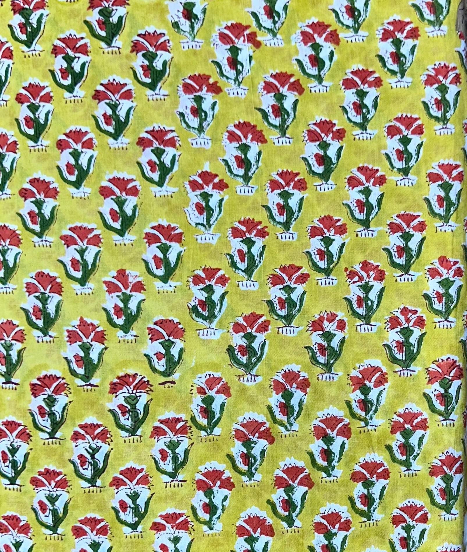 Yellow Floral Cotton Fabric, Hand Block Print Fabric by Yard, Indian Flower Print, Sewing Quilting Material, Napkin Fabric, Loose Fabrics