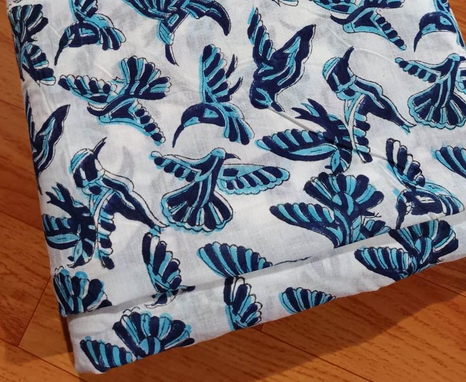 Blue Bird Cotton Fabric by the Yard, Hand Block Print Fabric, Indian Soft Cotton Material for Sewing, Quilting, Dressmaking Textile Fabrics