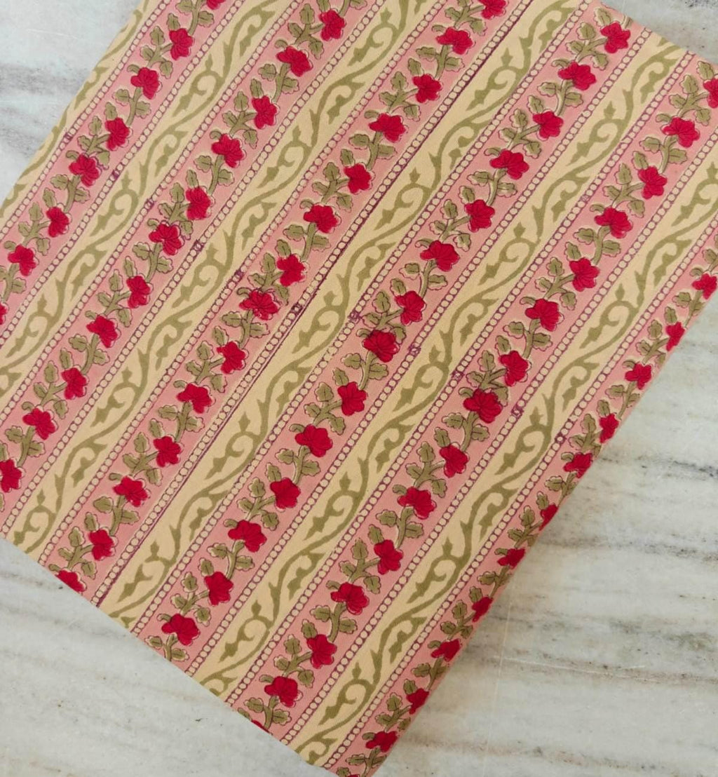 Pink and Red Floral Stripe Cotton Fabric by the Yard, Indian Block Print Fabric, Beige Green Vine Print, Quilting Sewing Craft Fabric