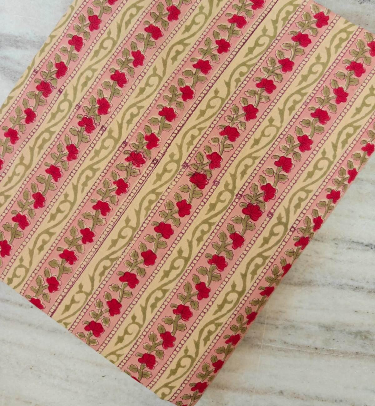 Pink and Red Floral Stripe Cotton Fabric by the Yard, Indian Block Print Fabric, Beige Green Vine Print, Quilting Sewing Craft Fabric
