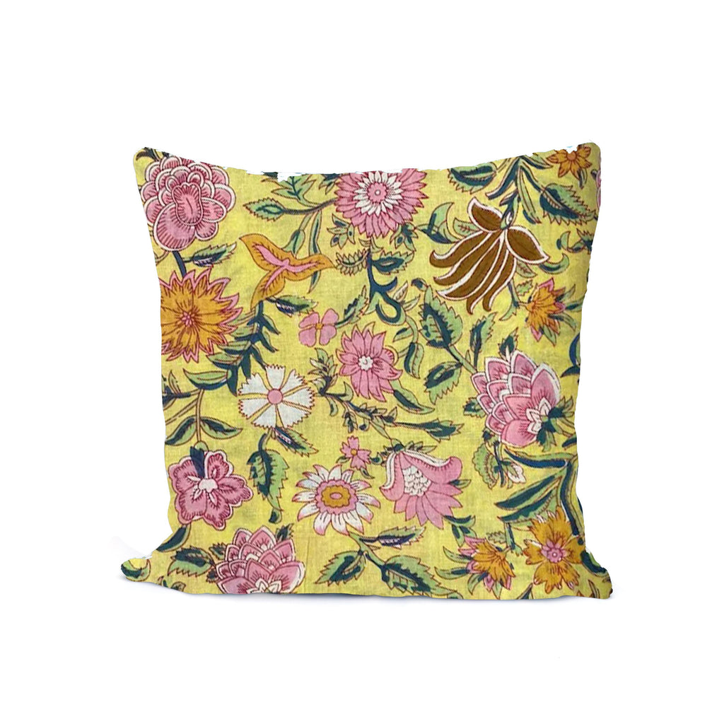 Yellow Floral Cotton Cushion Cover | Hand Block Print Pillow Cover | Pink Flower Throw Pillow | Boho Decorative Cushion | Indian Home Decor