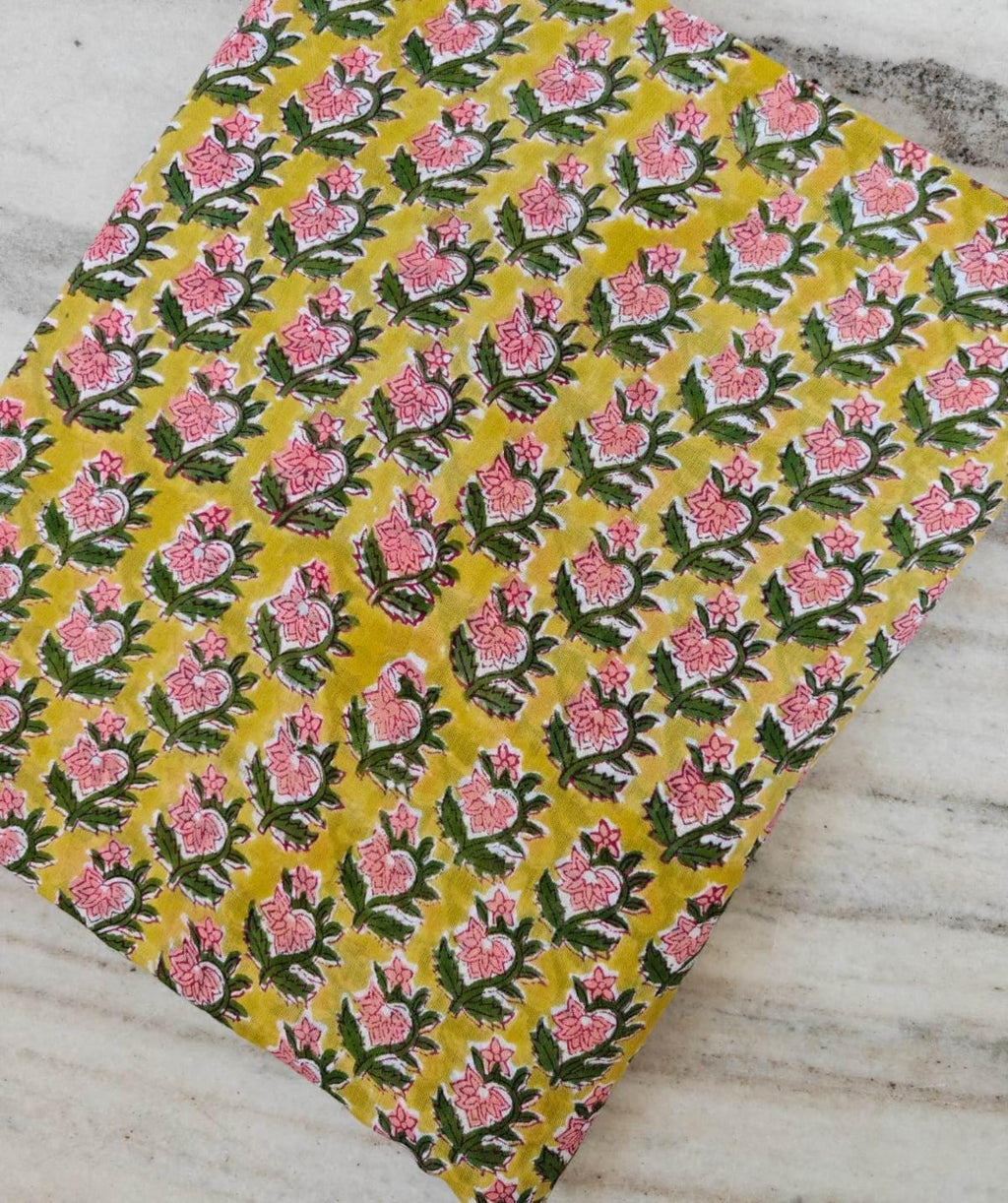 Yellow Floral Cotton Fabric, Hand Block Print Fabric, Pink Green Flower Print, Indian Cotton Textile, Sewing Craft Fabric, Summer Dress