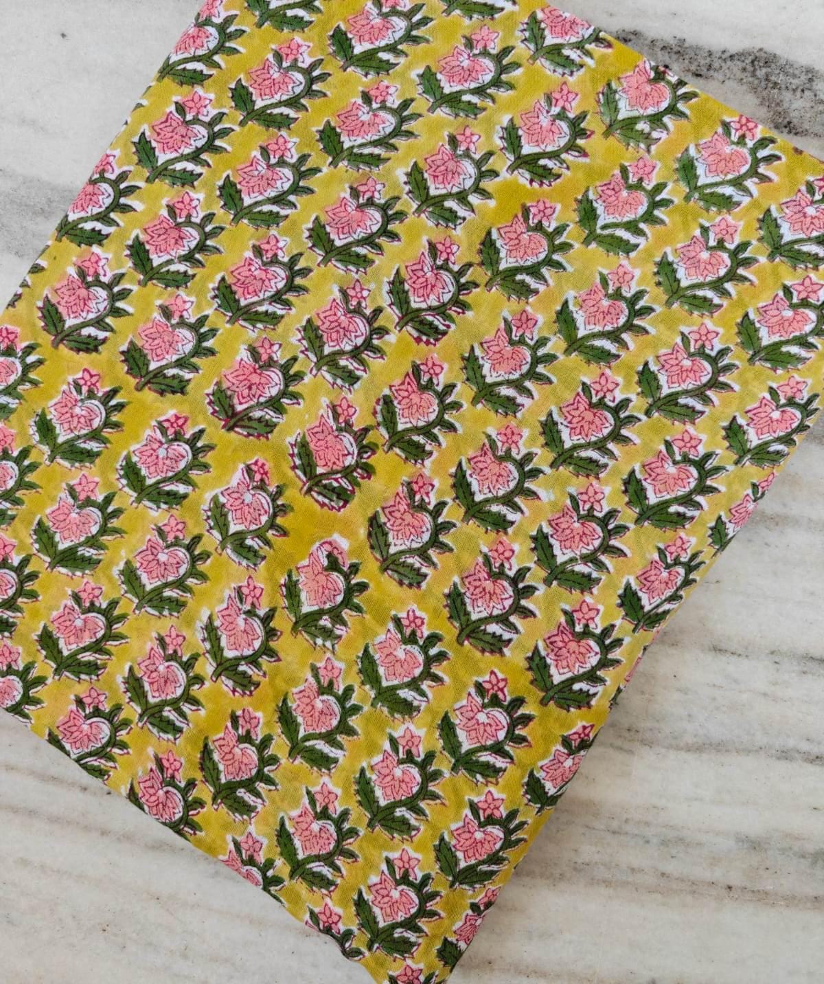 Yellow Floral Cotton Fabric, Hand Block Print Fabric, Pink Green Flower Print, Indian Cotton Textile, Sewing Craft Fabric, Summer Dress
