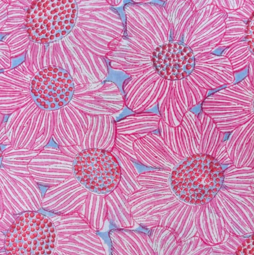 Pink Floral Cotton Fabric, Red Orange Hand Block Print by the Yard, Indian Soft Cotton for Quilting, Dressmaking, Sewing & Crafts, Gifts