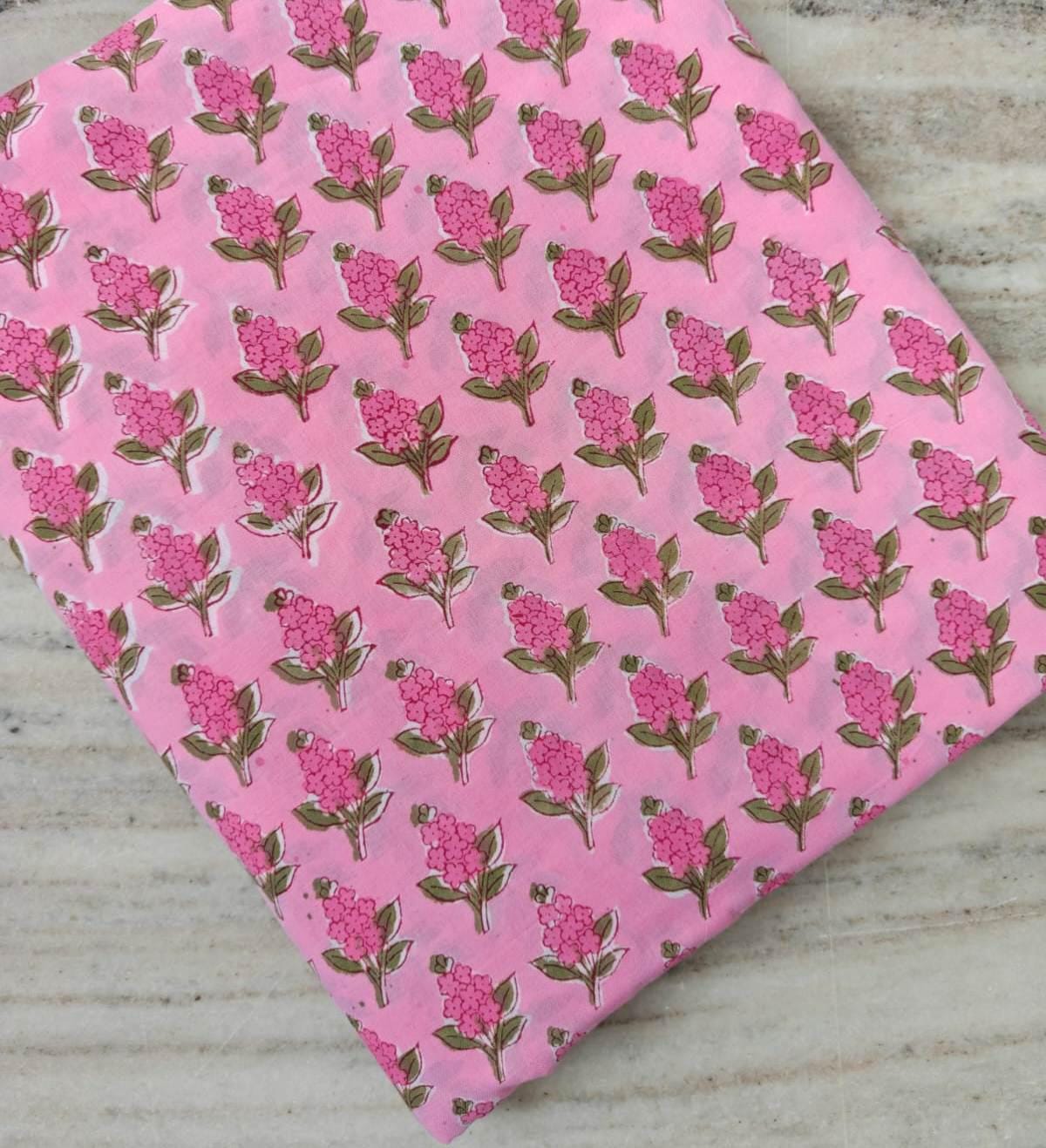 Pink Floral Cotton Fabric, Pink Color Hand Block Print Fabric By The Yard, Indian Soft Cotton for Quilting, Dressmaking, Sewing & Crafts