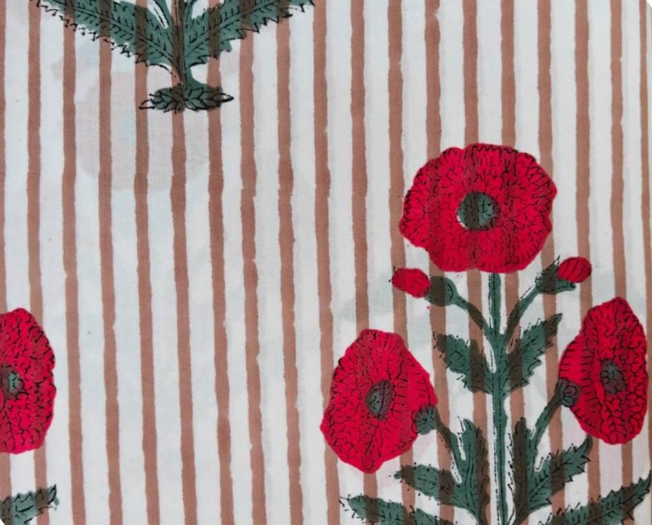 Floral Cotton Fabric with Red Poppy Print, Striped Background, Lightweight Cotton Yardage, Dressmaking Quilting Fabric, Botanical Textile