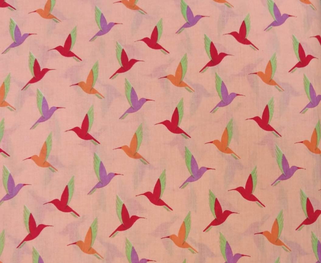 Peach Hummingbird Cotton Fabric, Multicolor Bird Print Fabric, Quilting Cotton by the Yard, Sewing Craft Fabric, Nature Animal Fabric