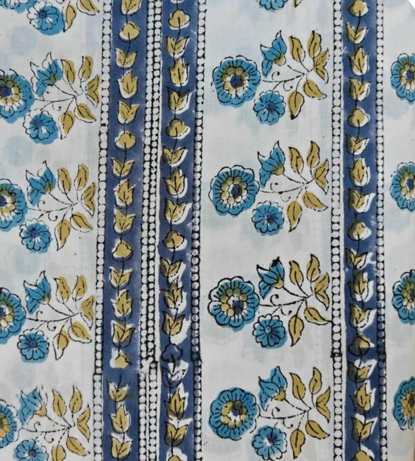 Blue Floral Stripe Cotton Fabric, Indian Block Print Fabric by Yard, White Base Flower Print, Boho Quilting Sewing Dressmaking Craft Fabric