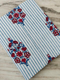 Striped Floral Cotton Fabric, White Blue Stripes with Red Flower Hand Block Print, Indian Cotton Fabric by the Yard for Sewing, Dressmaking