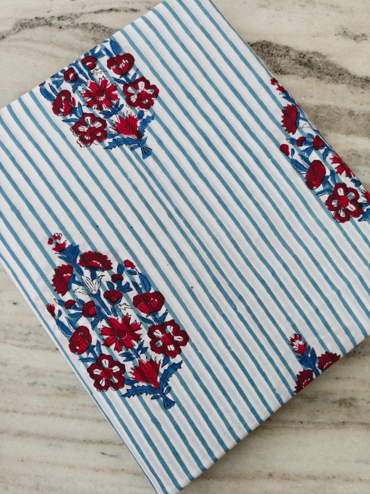 Striped Floral Cotton Fabric, White Blue Stripes with Red Flower Hand Block Print, Indian Cotton Fabric by the Yard for Sewing, Dressmaking