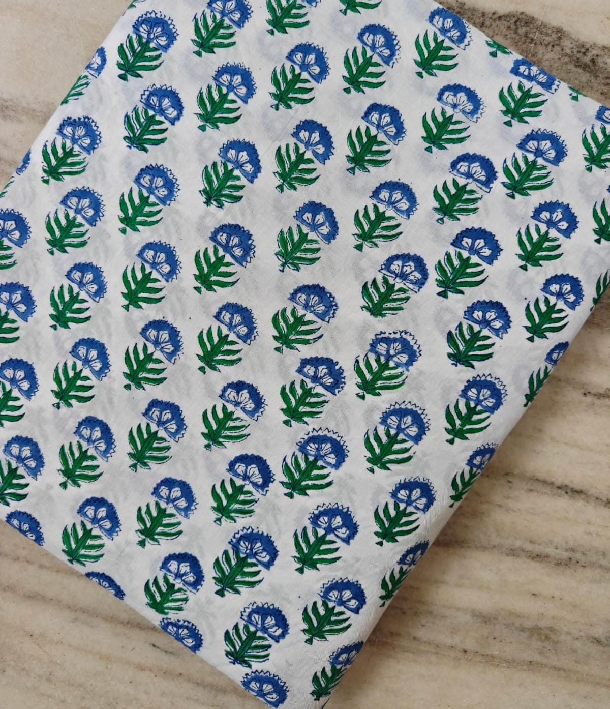 Blue Floral Cotton Fabric, Hand Block Print Fabric, Indian Cotton Textile, Small Buta Print, Soft Lightweight Fabric for Sewing Dressmaking
