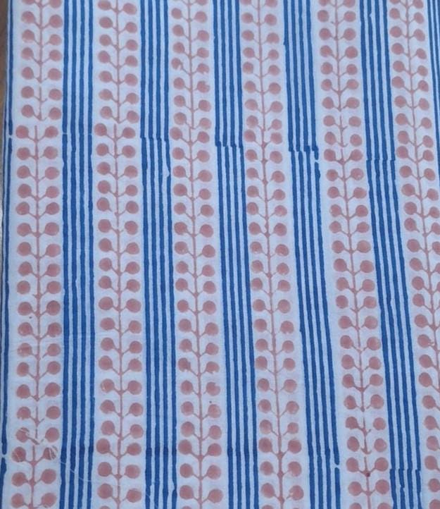 Pink Blue Stripe Cotton Fabric, Floral Stripe Block Print Fabric, Indian Hand Block Print Cotton Fabric by Yard, Boho Sewing Quilting Fabric