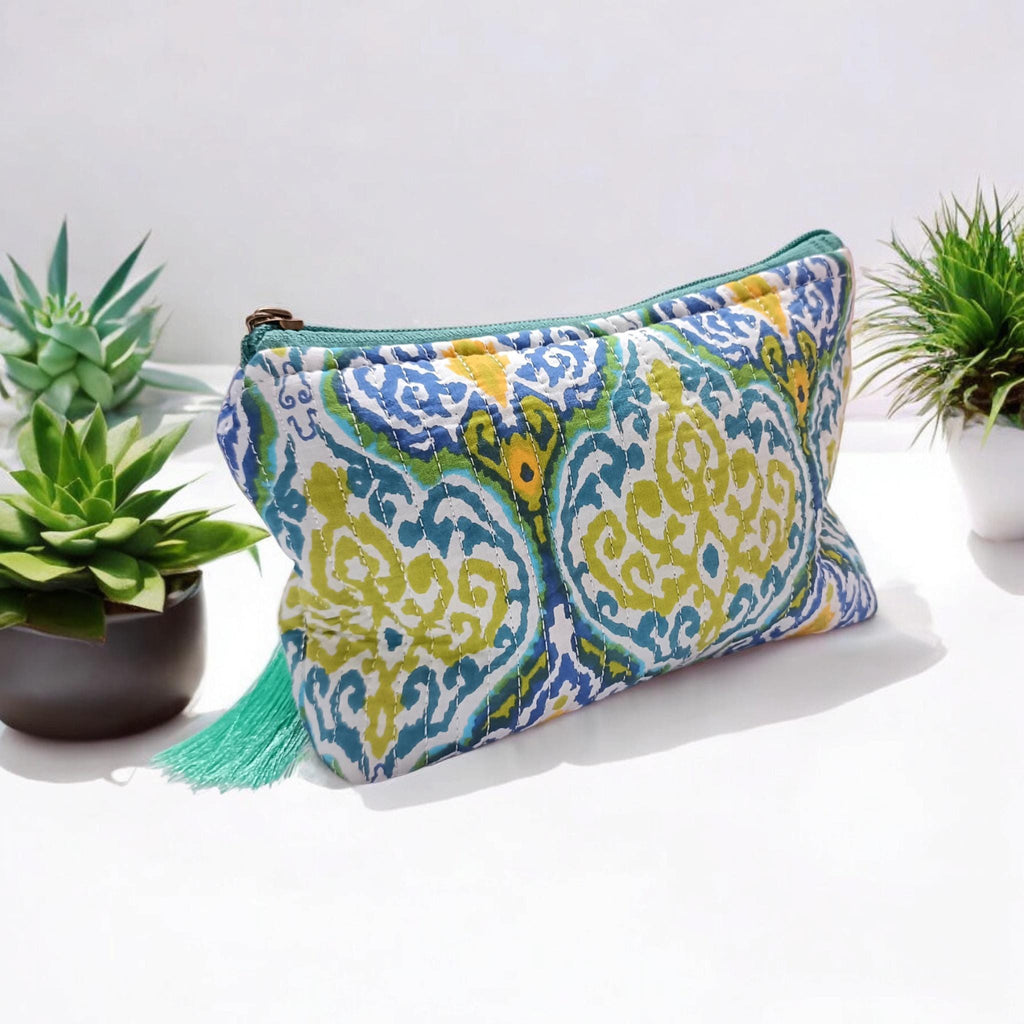 Handmade Floral Cotton Quilted Cosmetic Bag: Block Print Makeup Pouch