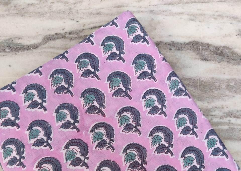 Pink Paisley Hand Block Print Cotton Fabric | Indian Soft Cotton by the Yard | Ethnic Leaf Motif for Quilting, Sewing, Dressmaking