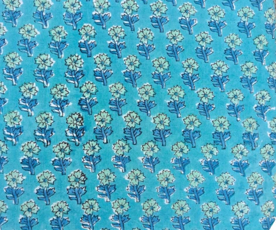 Turquoise Floral Cotton Fabric, Hand Block Print Fabric, Blue Flower Indian Cotton, Craft Sewing, Quilting Fabric, Soft Lightweight Textile