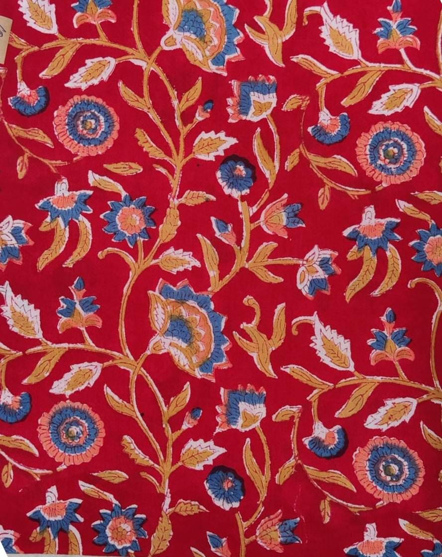 Designer Red Floral 100% Cotton Fabric by the Yard, Block Print Fabric for Quilting, Dressmaking Fabric, Loose Running Fabric Textile Fabric