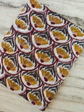 Mustard Yellow & Maroon Scallop Floral Cotton Fabric, Hand Block Print Style, Indian Botanical Textile, Boho Sewing Fabric Dressmaking