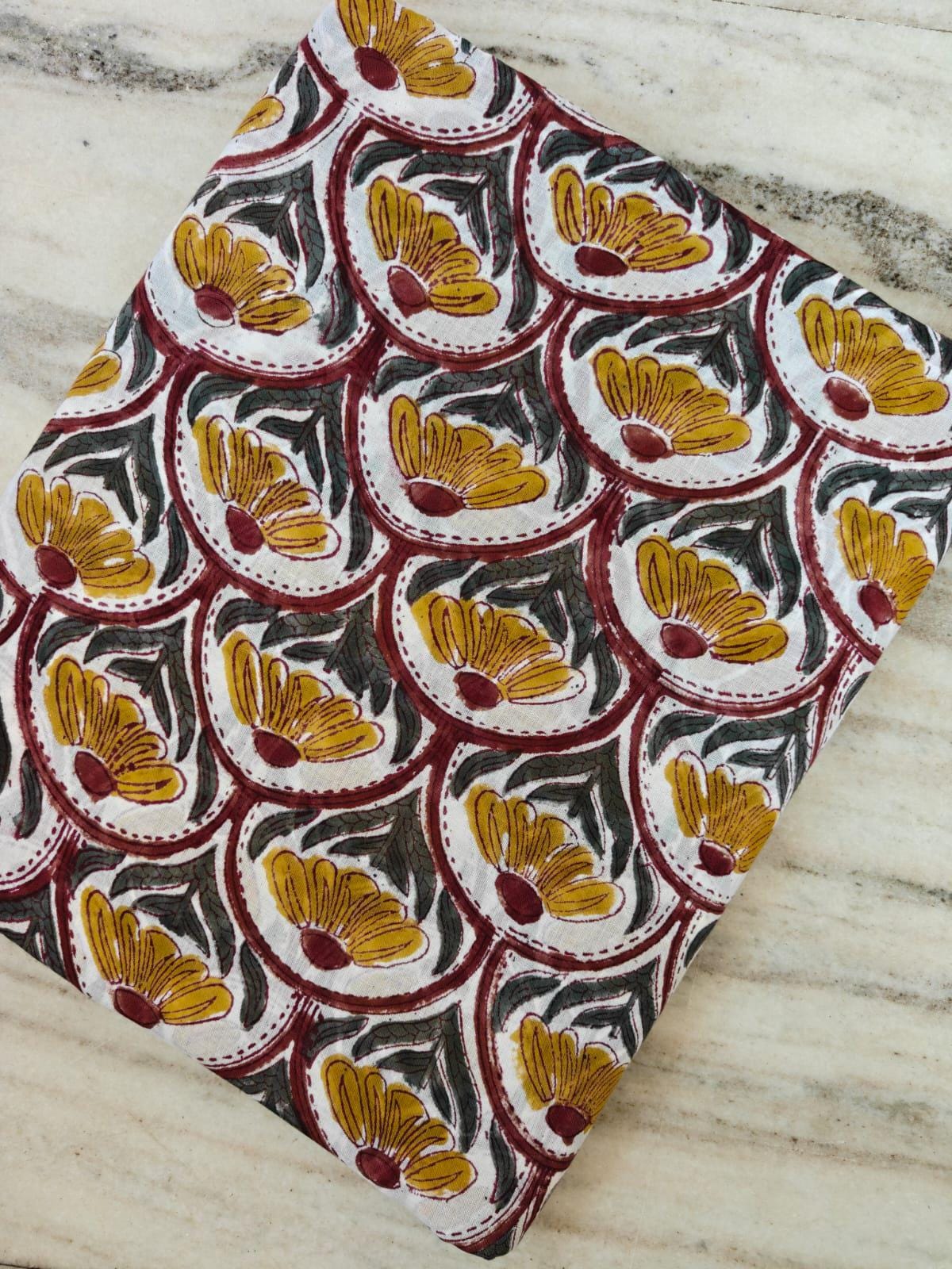 Mustard Yellow & Maroon Scallop Floral Cotton Fabric, Hand Block Print Style, Indian Botanical Textile, Boho Sewing Fabric Dressmaking