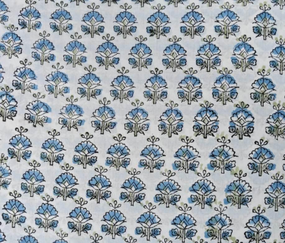 Soft Cotton, White Cotton Fabric with Small Blue Floral Print, Hand Block Print Cotton by the Yard, Fabric for Loose Running, Textile Fabric