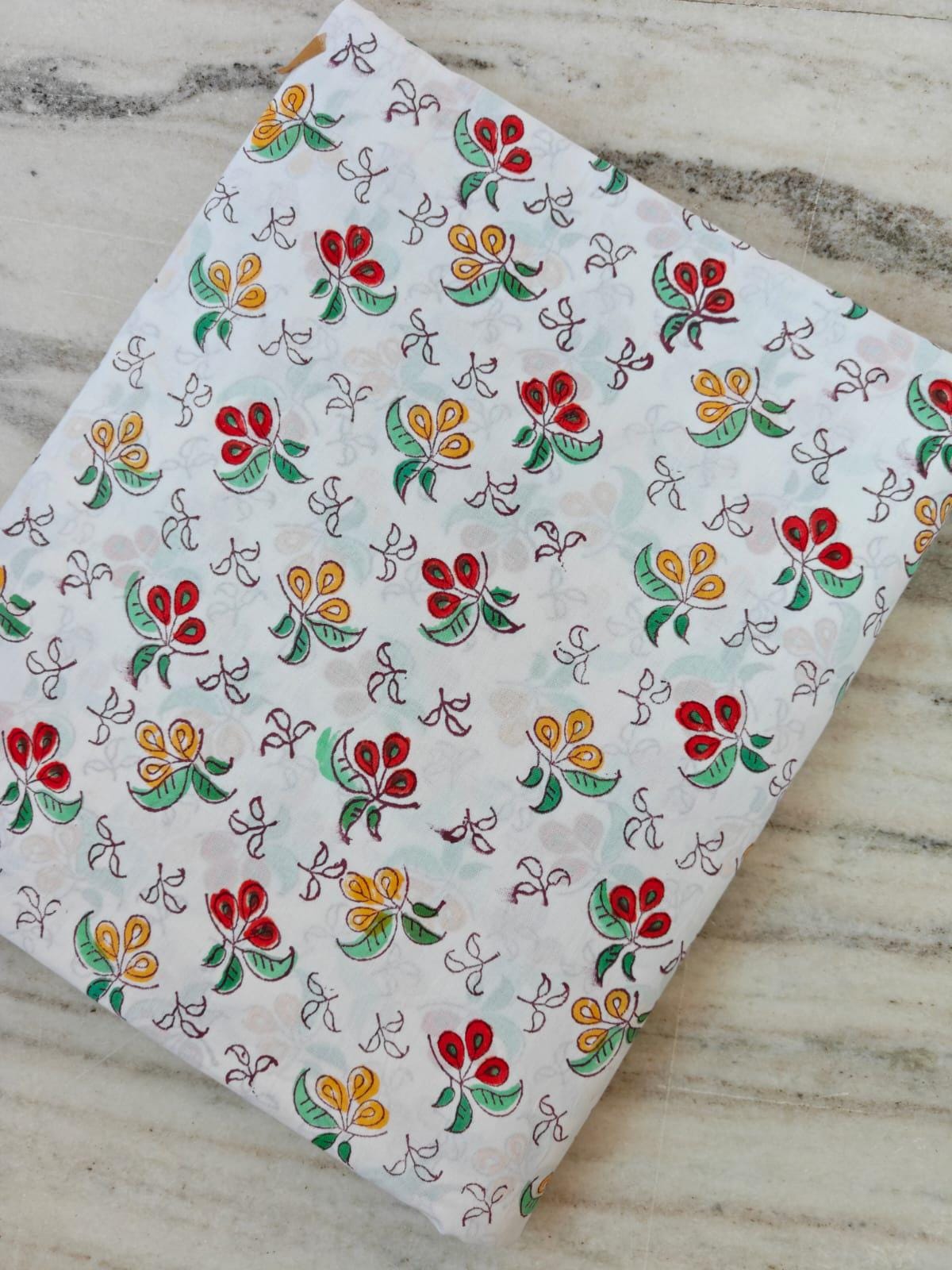 Floral Buti Hand Block Print Cotton Fabric, Indian Jaipur Cotton Textile, Red Yellow Green Floral Fabric, Sewing Quilting Craft Fabric