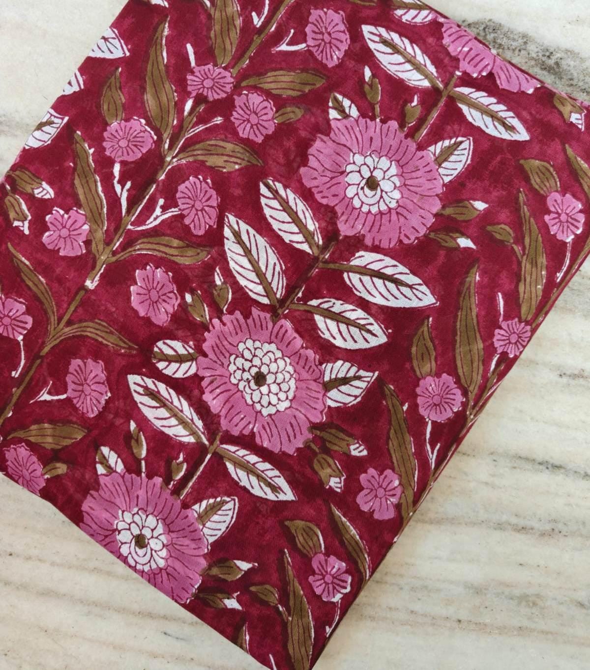 Hand Block Print Cotton Fabric – Red Floral Indian Fabric by the Yard – Pink Flower Print Textile for Sewing, Quilting, Dressmaking & Crafts