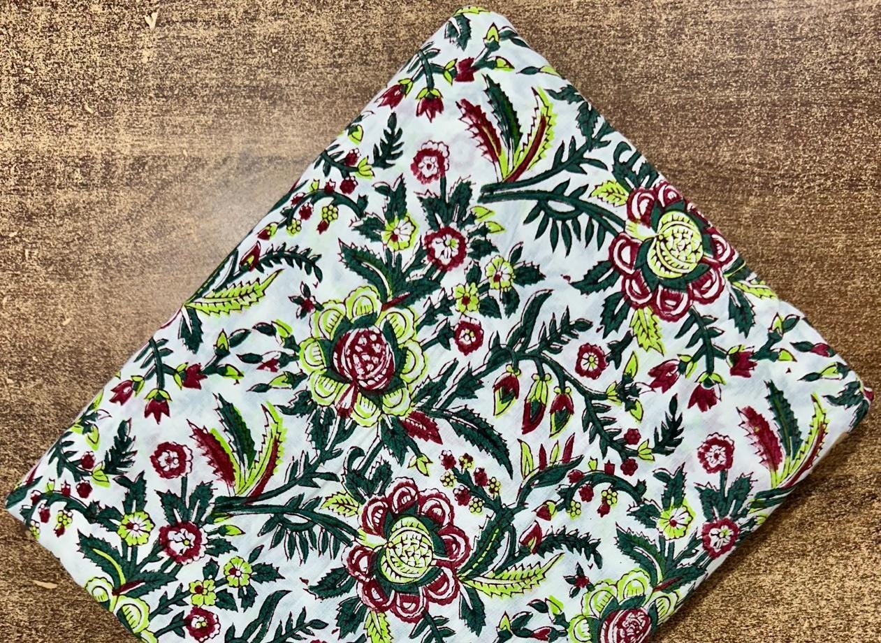 Indian Hand Block Print Cotton Fabric by the Yard, Floral Jaipuri Print for Dressmaking, Boho Soft Cotton Quilting Fabric, Running Fabric