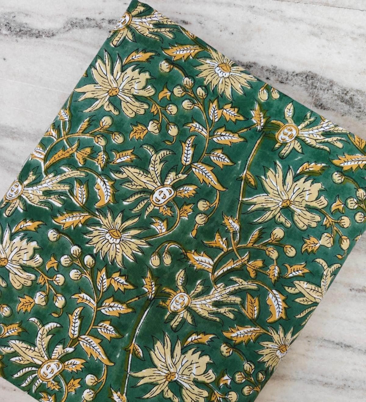 Green & Mustard Cotton Fabric, Indian Hand Block Print Fabric by the Yard, Soft Cotton for Quilting, Fabric For Dress Making, Napkins