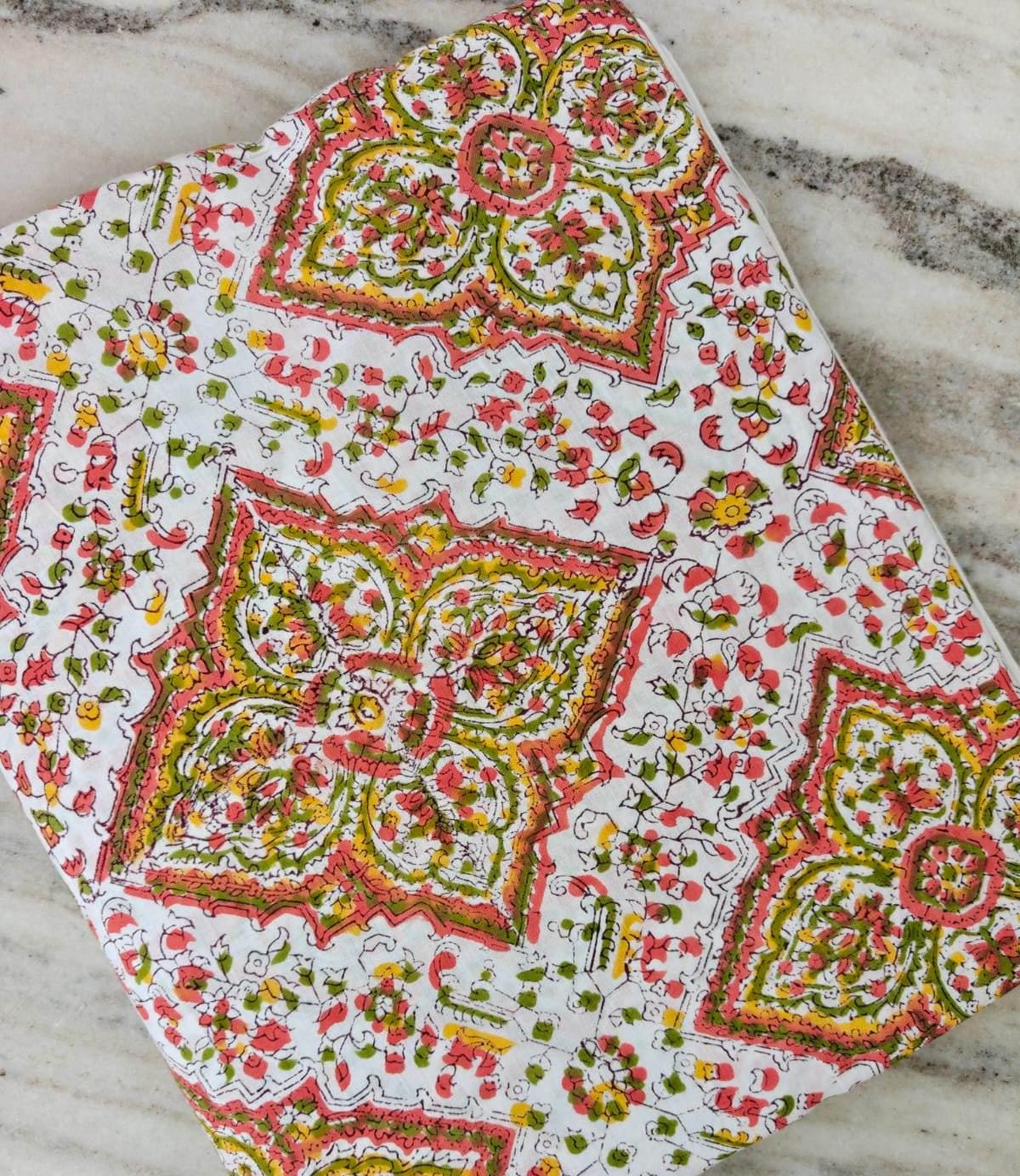 Floral Block Print Cotton Fabric, Indian Hand Block Print Fabric, Pink Green Yellow Cotton Cloth, Quilting Sewing Fabric, Craft By The Yard