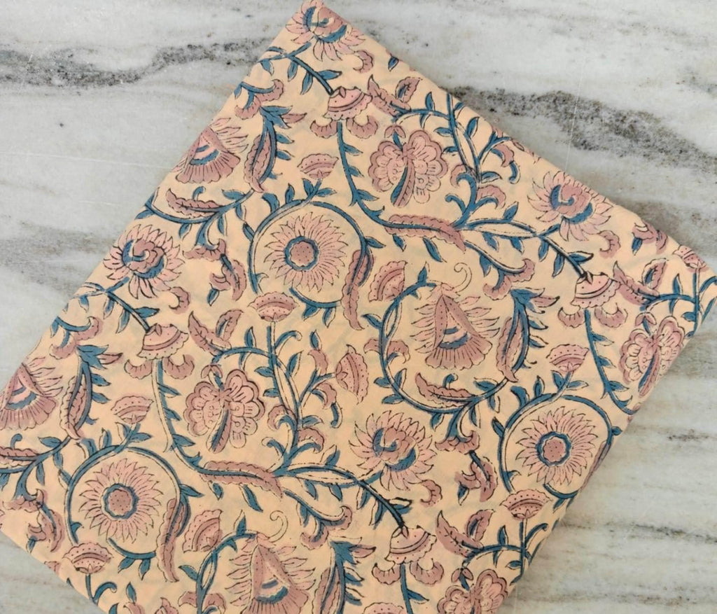 Hand Block Print Cotton Fabric, Peach Background with Blue Vines Floral Fabric, Dress Making Fabric by the Yard, Quilting & Apparel Fabric