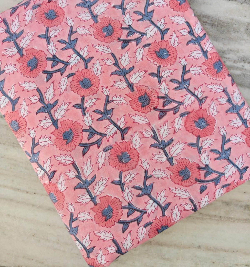Beige Pink Floral Cotton Fabric, Block Print Flower Fabric, Vintage Floral Cotton by the Yard, Indian Block Print Fabric Dress Making