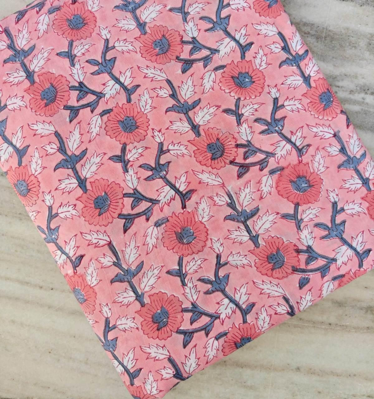 Beige Pink Floral Cotton Fabric, Block Print Flower Fabric, Vintage Floral Cotton by the Yard, Indian Block Print Fabric Dress Making