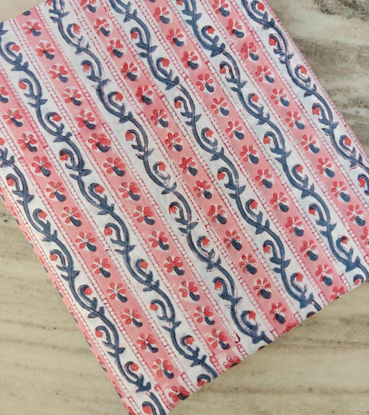 Pink Blue Floral Vine Stripe Cotton Fabric | Indian Block Print Cotton Fabric | Soft Breathable Craft Fabric | Dressmaking Quilting Fabric