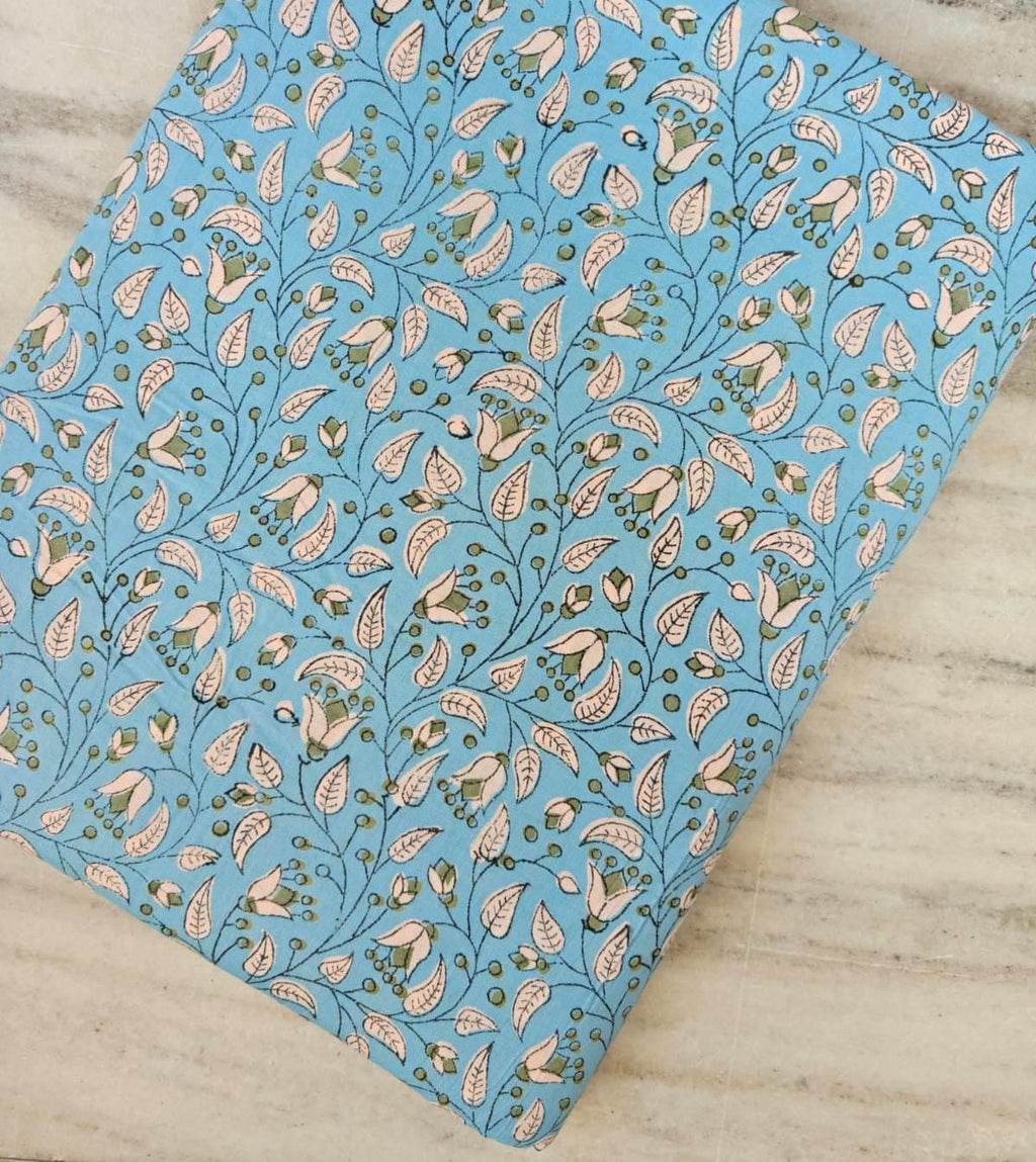 Sky Blue Floral Cotton Fabric by the Yard, Indian Hand Block Print Cotton, Delicate Vine Leaf Print Quilting Sewing Dressmaking Craft Fabric