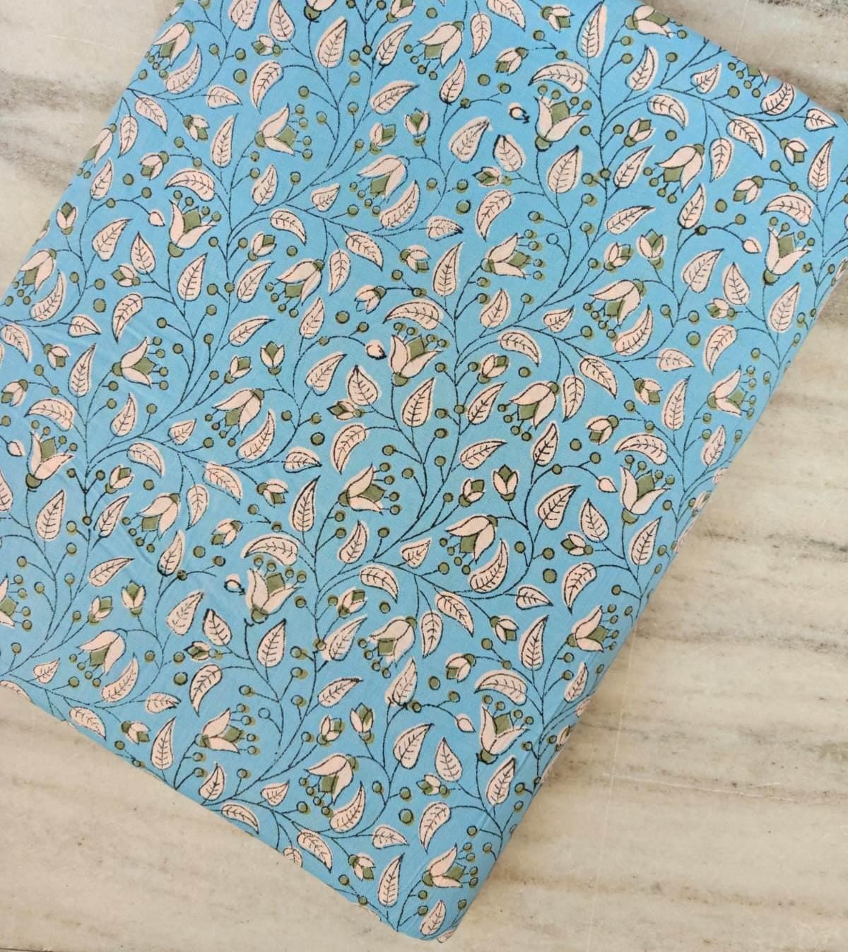 Sky Blue Floral Cotton Fabric by the Yard, Indian Hand Block Print Cotton, Delicate Vine Leaf Print Quilting Sewing Dressmaking Craft Fabric