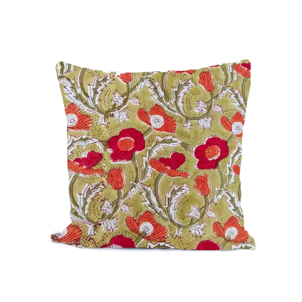 Hand Block Printed Cotton Cushion Cover, Green Floral Pillow Cover, 16x16 Handmade Cushion, Red Flower Print Throw Pillow, Boho Home Decor