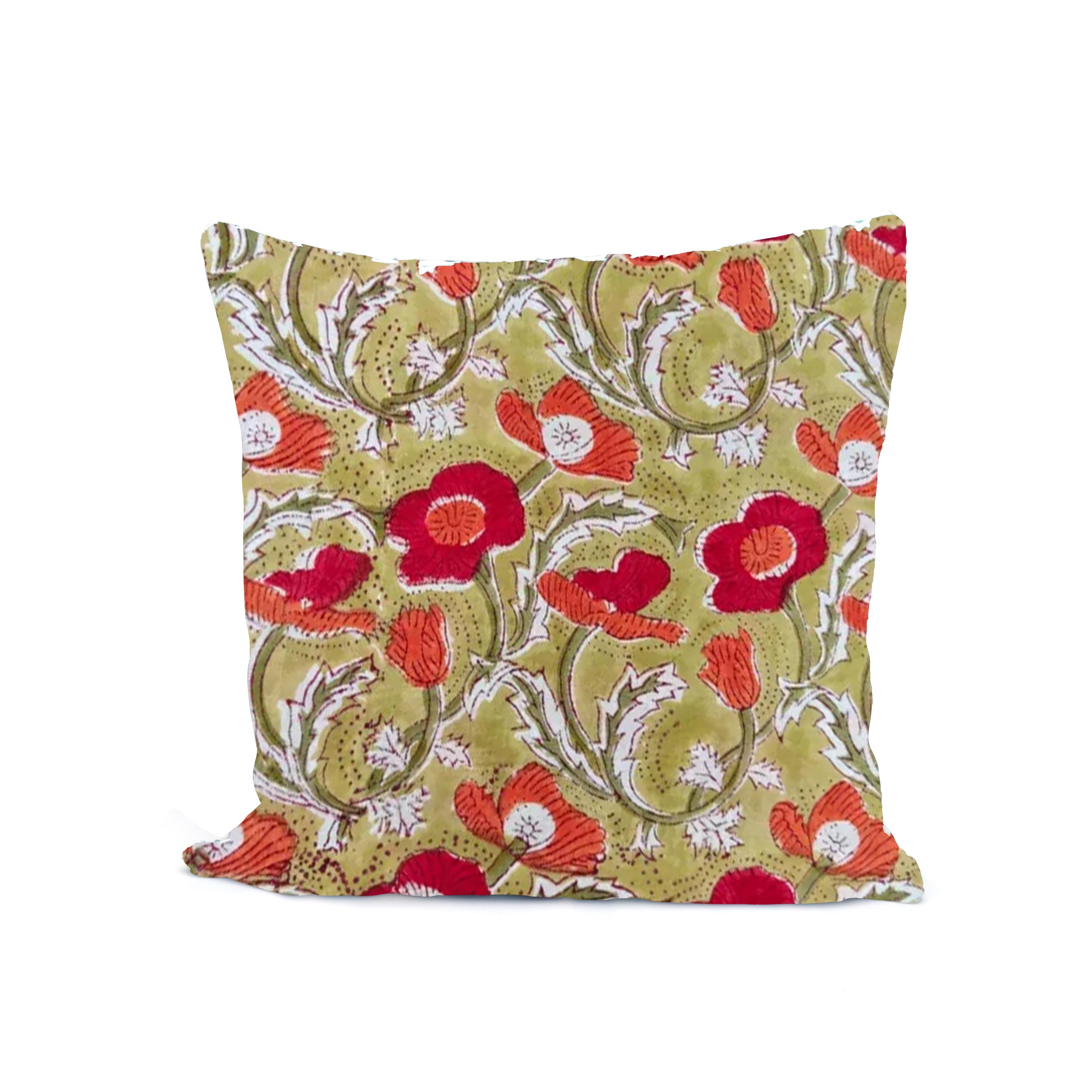 Hand Block Printed Cotton Cushion Cover, Green Floral Pillow Cover, 16x16 Handmade Cushion, Red Flower Print Throw Pillow, Boho Home Decor