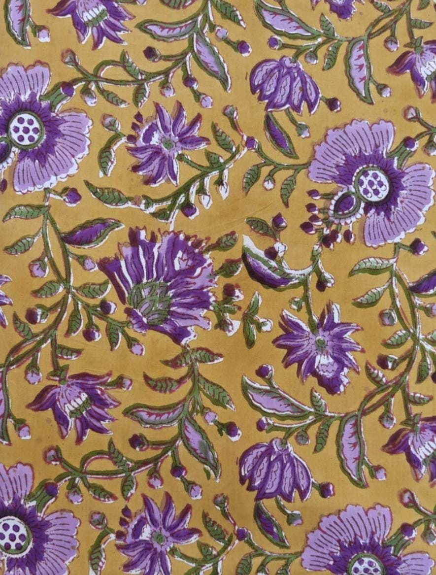 Mustard Yellow Purple Floral Cotton Fabric, Indian Block Print Fabric, Boho Flower Fabric by the Yard, Lightweight Sewing Quilting Textile