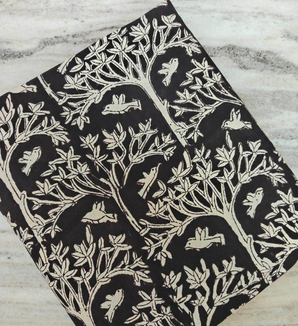 Black and White Cotton Fabric by Yard, Bird Tree Block Print Fabric, Indian Hand Block Cotton, Nature Botanical Fabric for Dressmaking